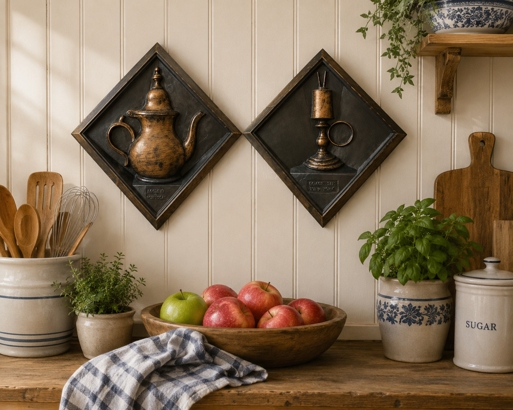 Vintage Bailey & Putnam Colonial Faux Copper Wall Plaques Set of 2 c.1960s
